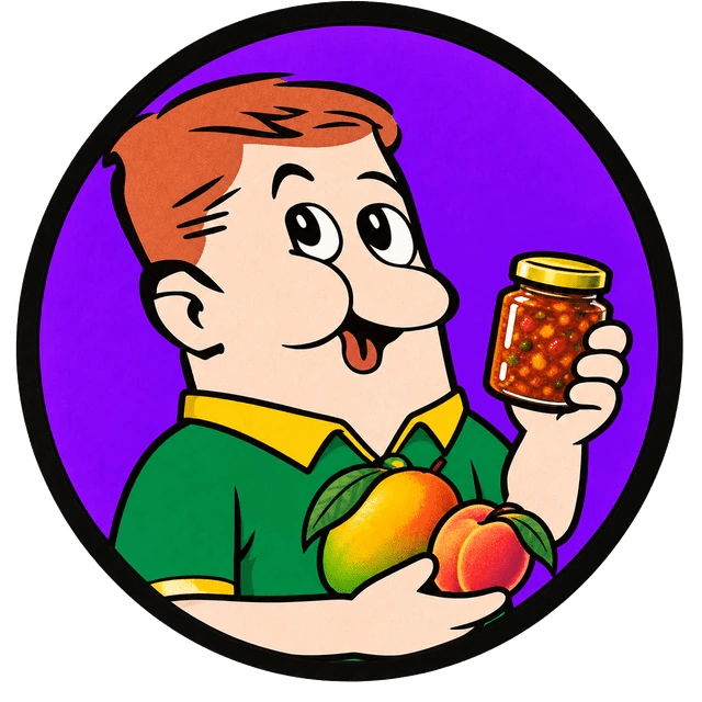 Chutney flavour mascot holding chutney and fruit