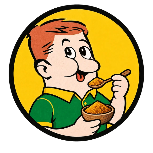Curry flavour mascot holding curry spice and a spoon