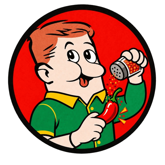 Hot and Spicy flavour mascot holding a chilli and hot spice shaker