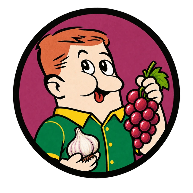 Red Wine and Garlic flavour mascot holding grapes and garlic