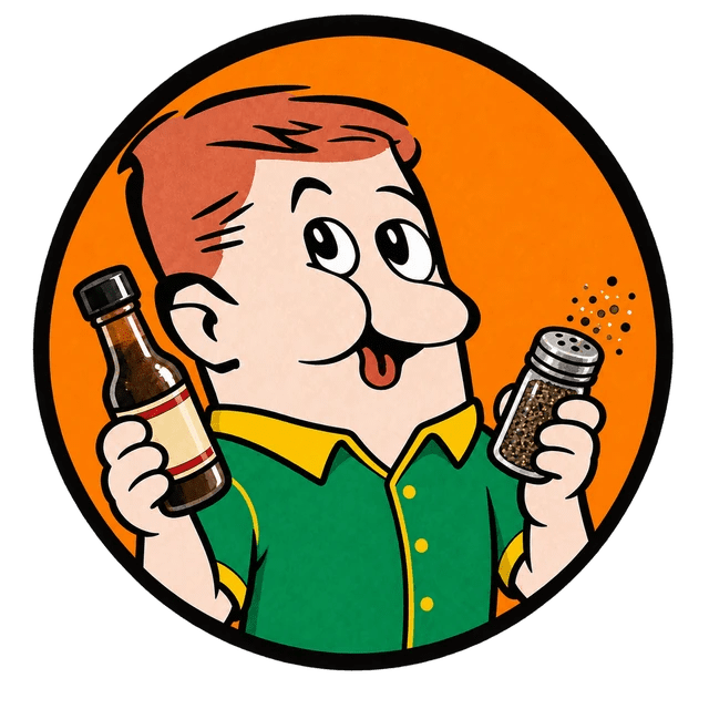 Worcester Sauce flavour mascot holding sauce and seasoning