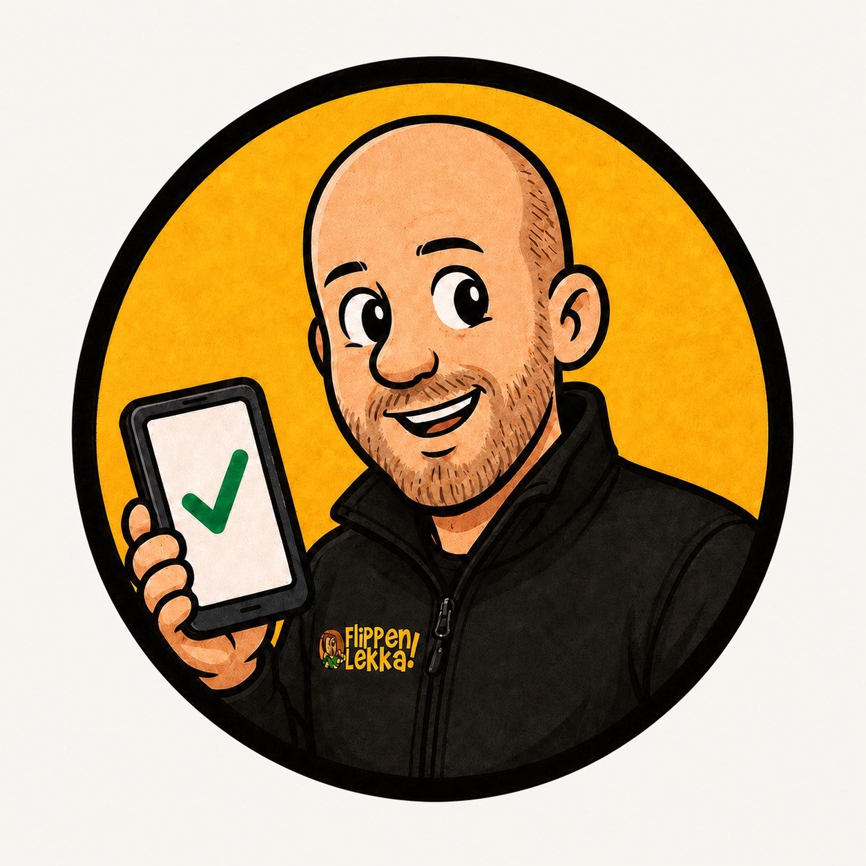 Illustrated portrait of Louis from Flippen Lekka holding a phone