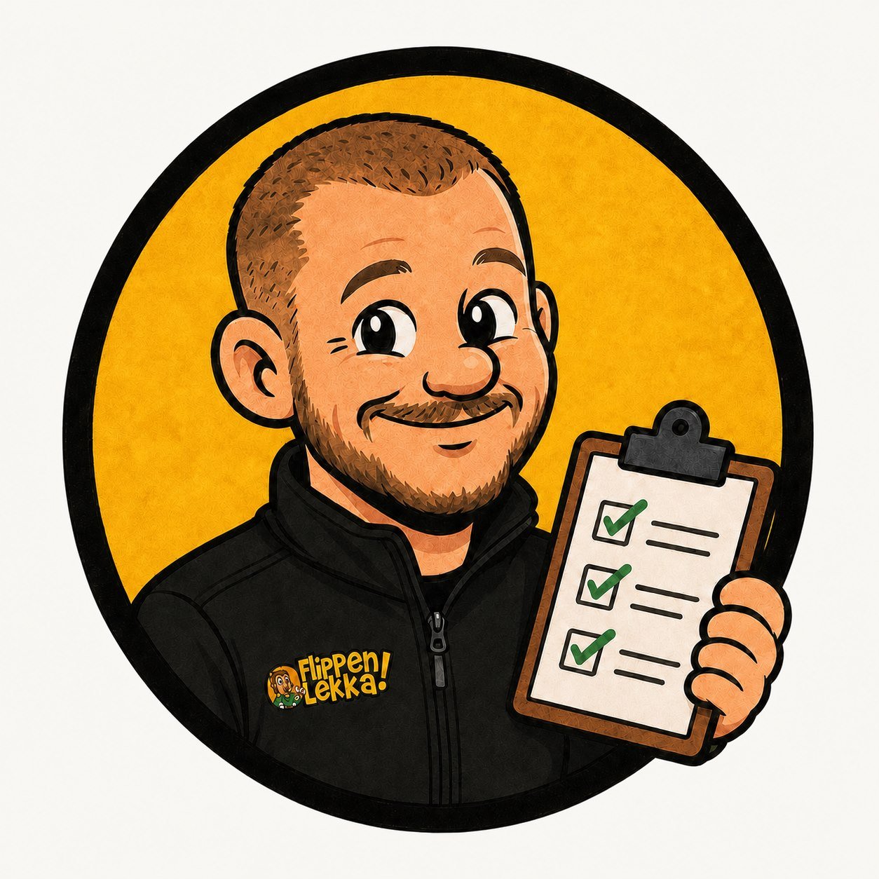 Illustrated portrait of Michael from Flippen Lekka holding a checklist